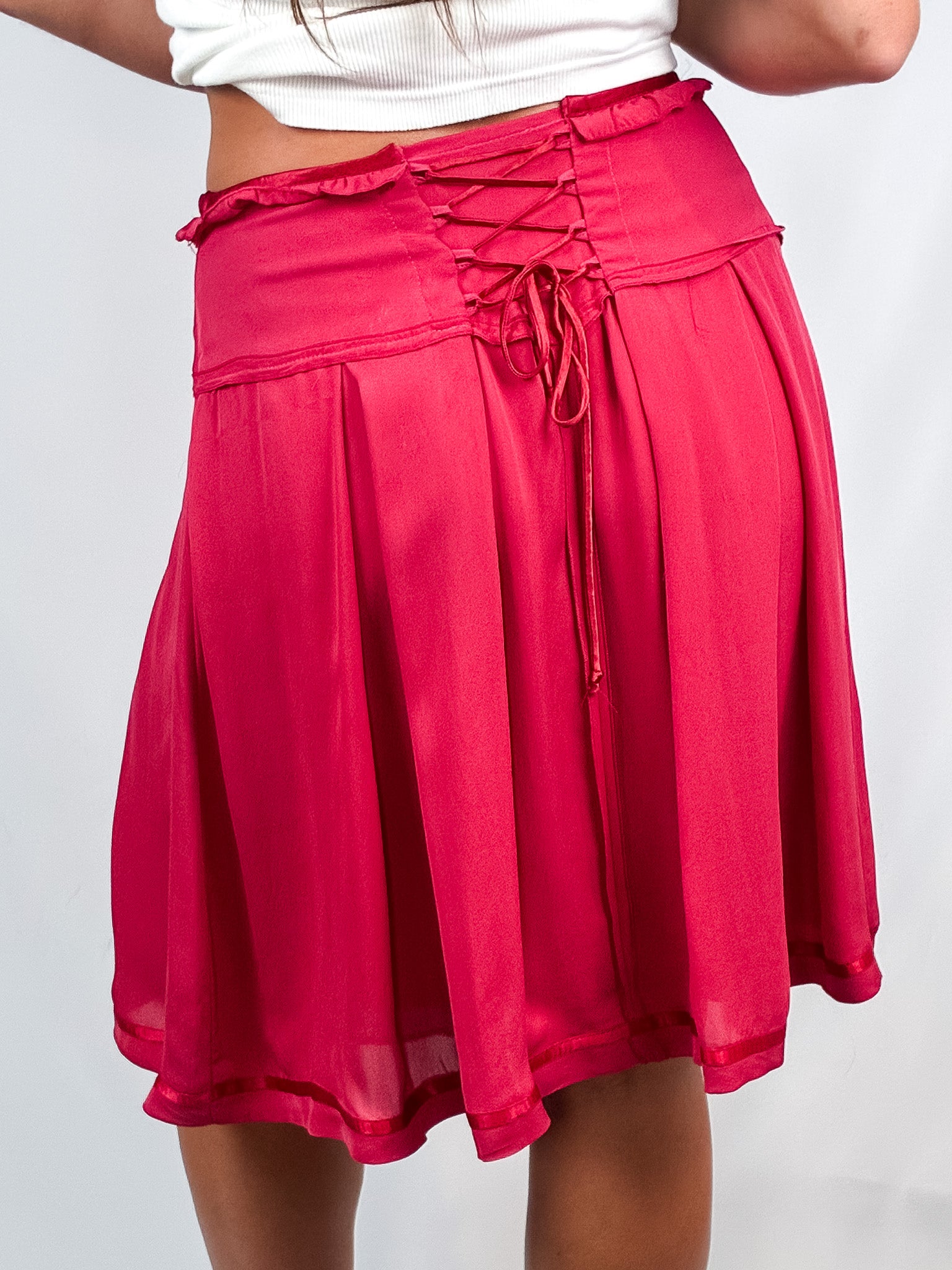 2000s Raspberry Silk Lace-Up Skirt - M