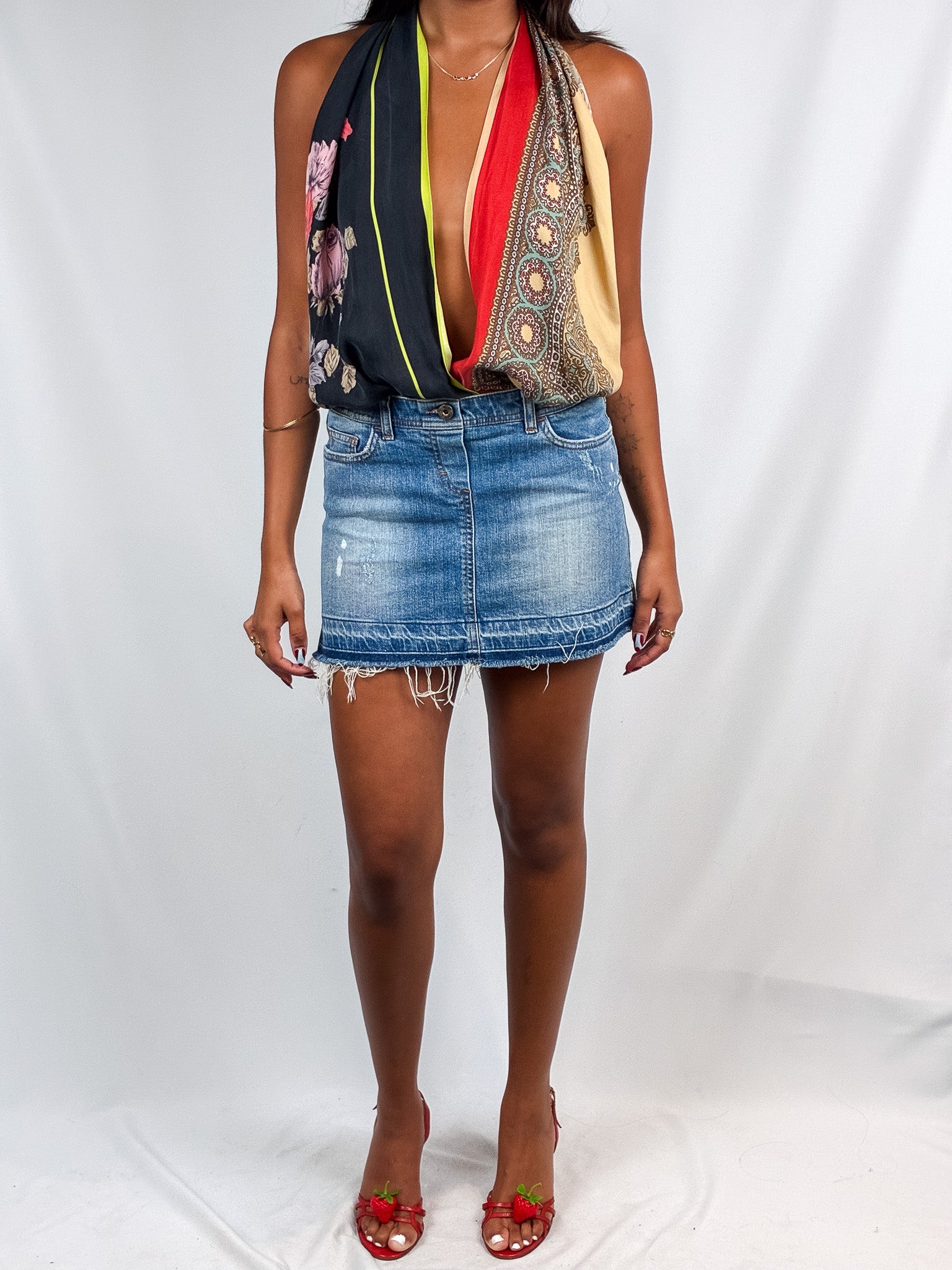D&G Dolce & Gabbana 2000s Scarf Print Silk and Denim Halter Dress - S
