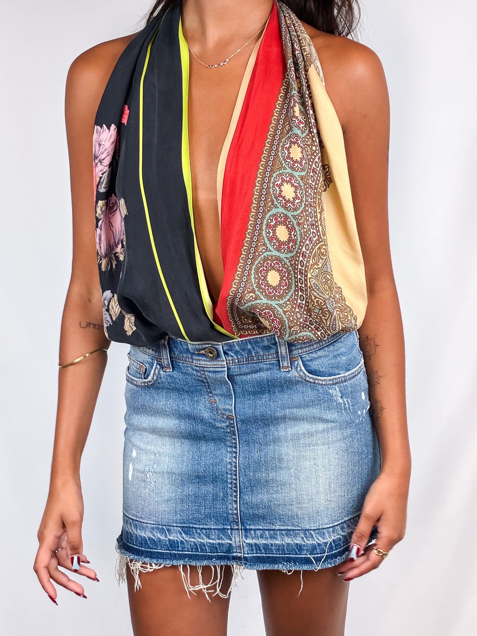D&G Dolce & Gabbana 2000s Scarf Print Silk and Denim Halter Dress - S