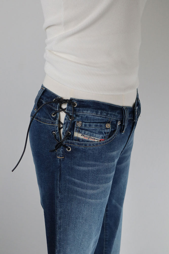 Diesel 2000s Dark Wash Asymmetric Lace-Up Waist Jeans – W26