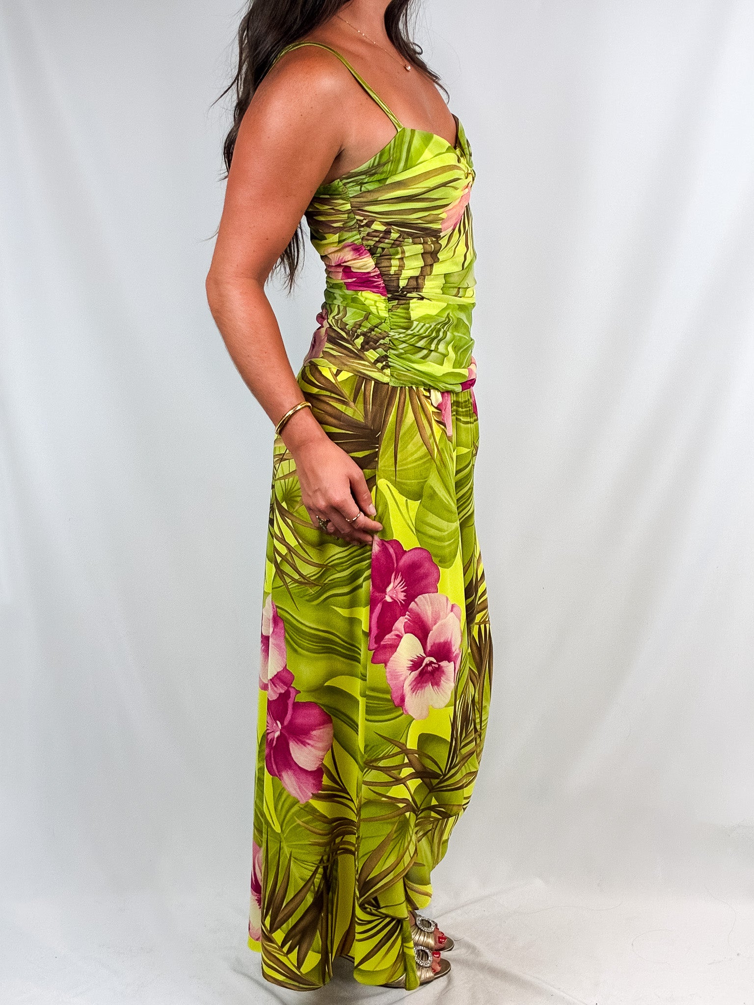 Gai Mattiolo 2000s Tropical Print Ruched Mesh Maxi Dress - M/L