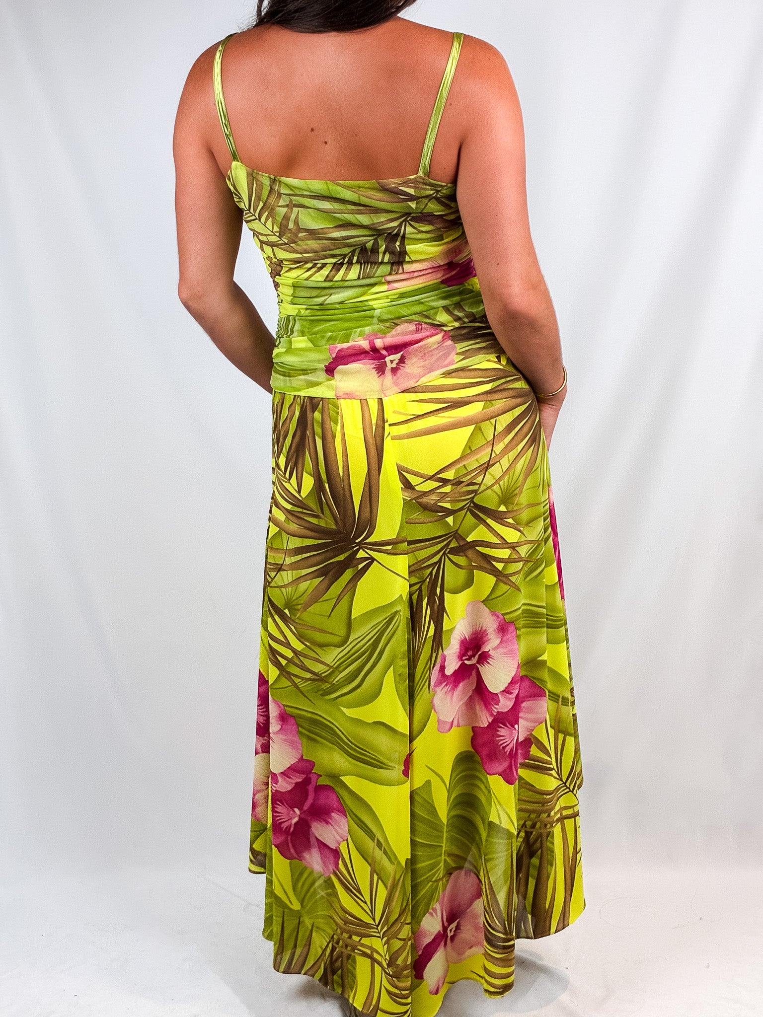 Gai Mattiolo 2000s Tropical Print Ruched Mesh Maxi Dress - M/L