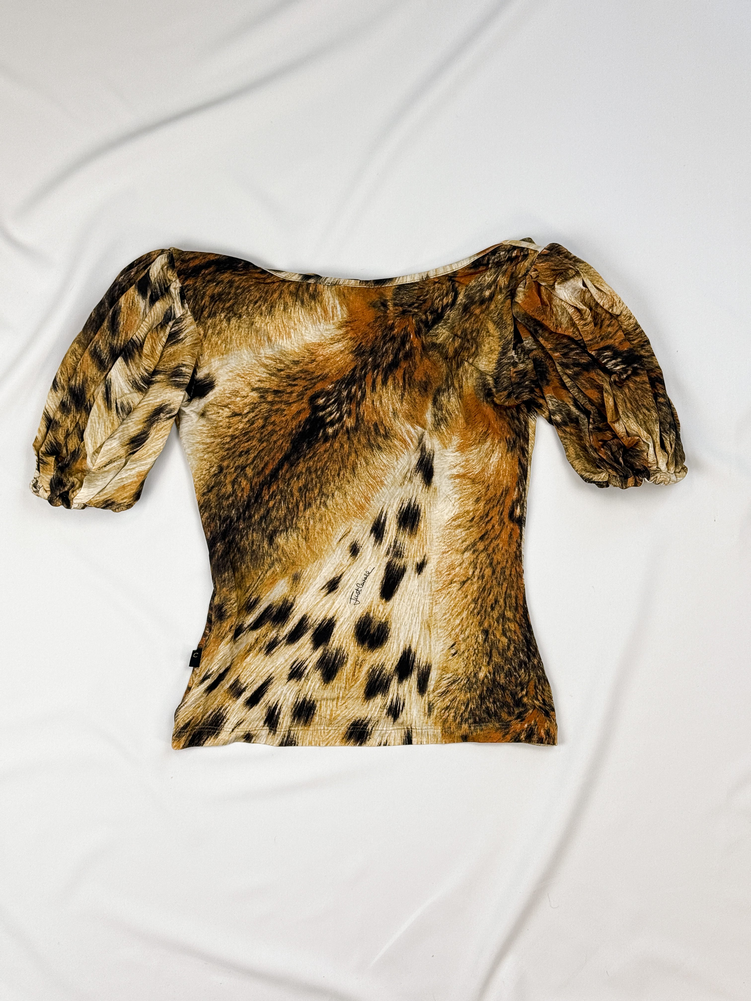 Just Cavalli 2000s Photorealistic Leopard Print Puff Sleeve Top - S