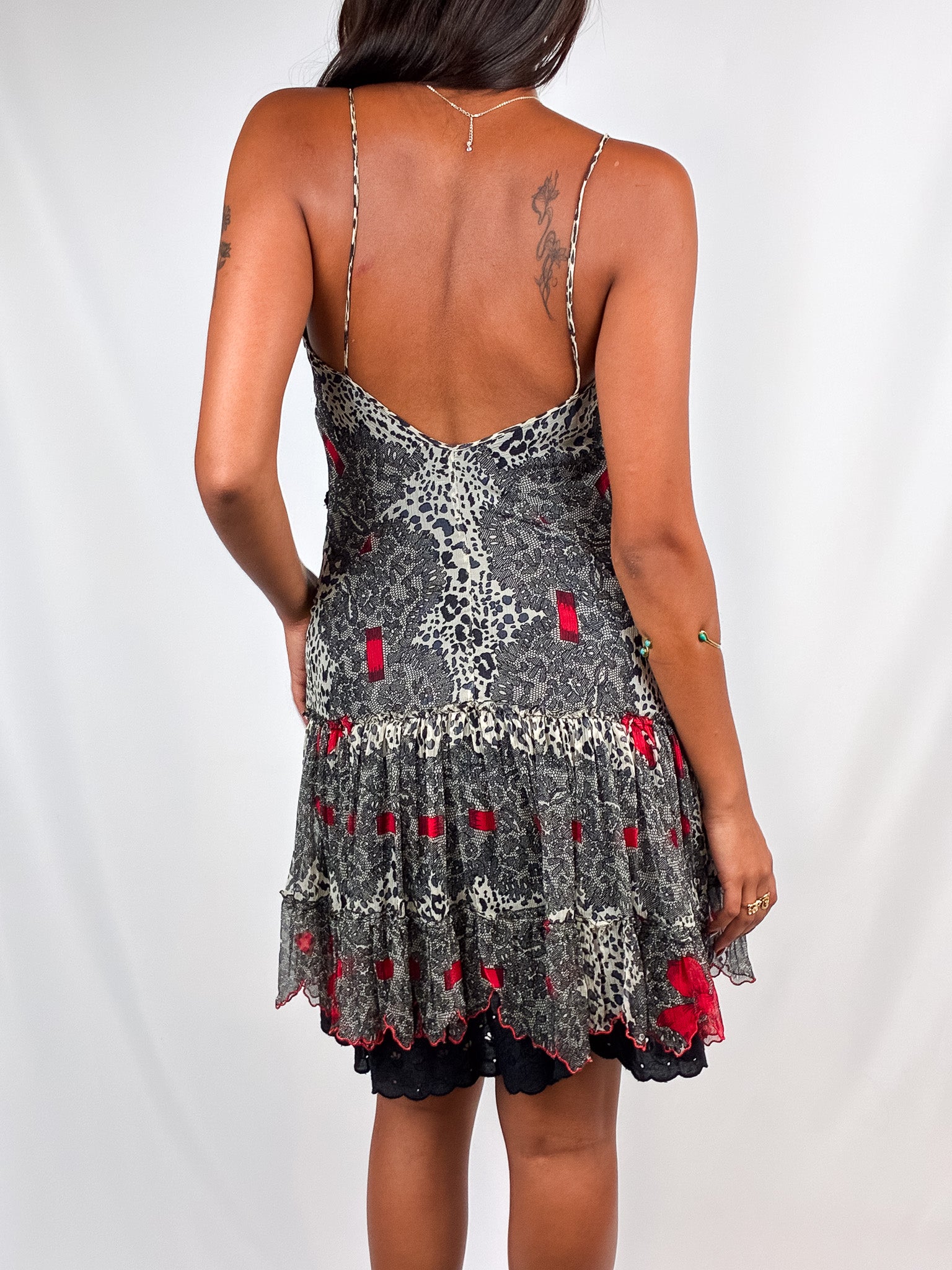 Blumarine 2000s Leopard Print Silk Slip Dress with Beaded Trim - XS