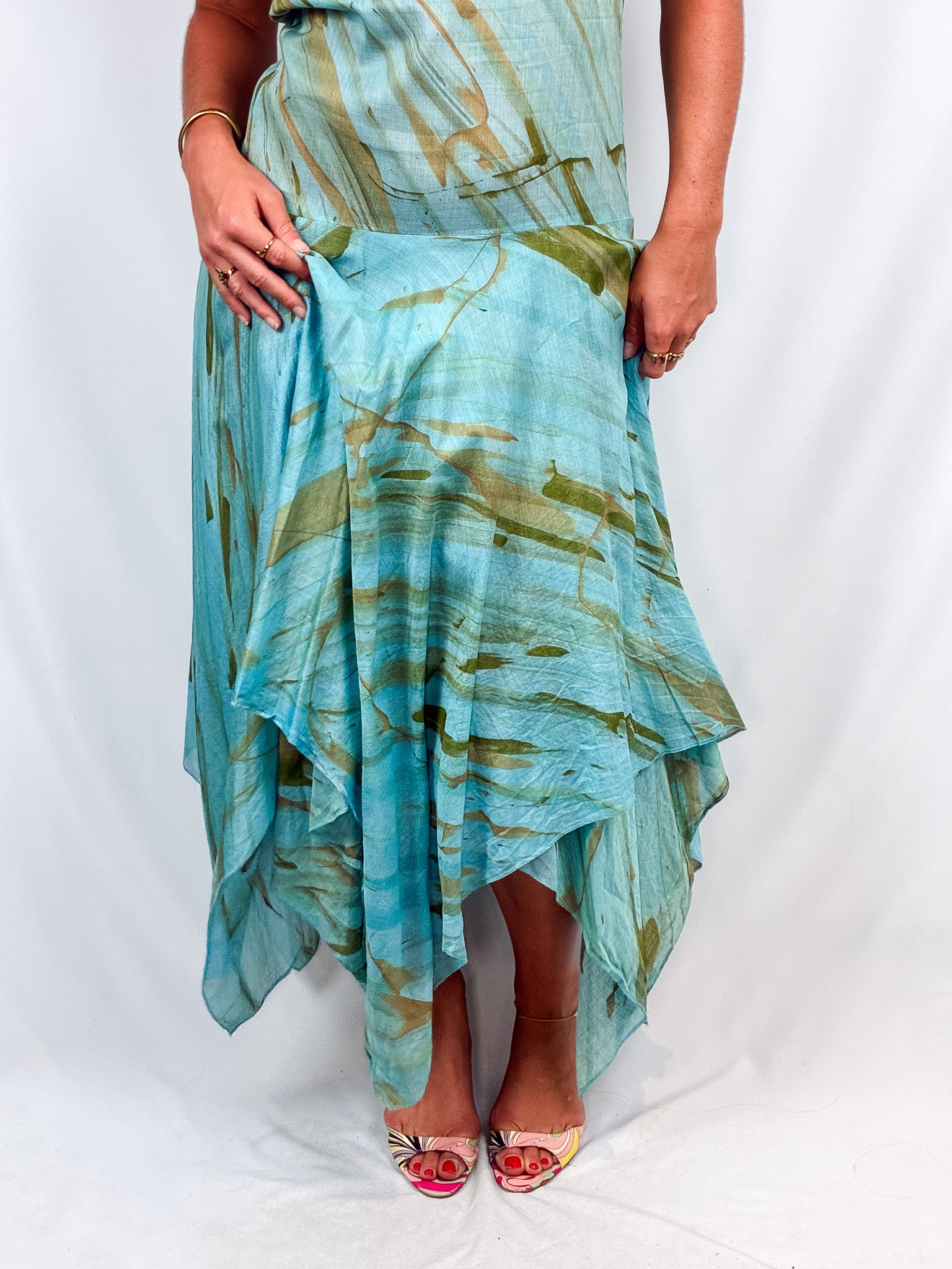 Livio De Simone 2000s Aqua Hand-Painted Drop-Waist Dress - L