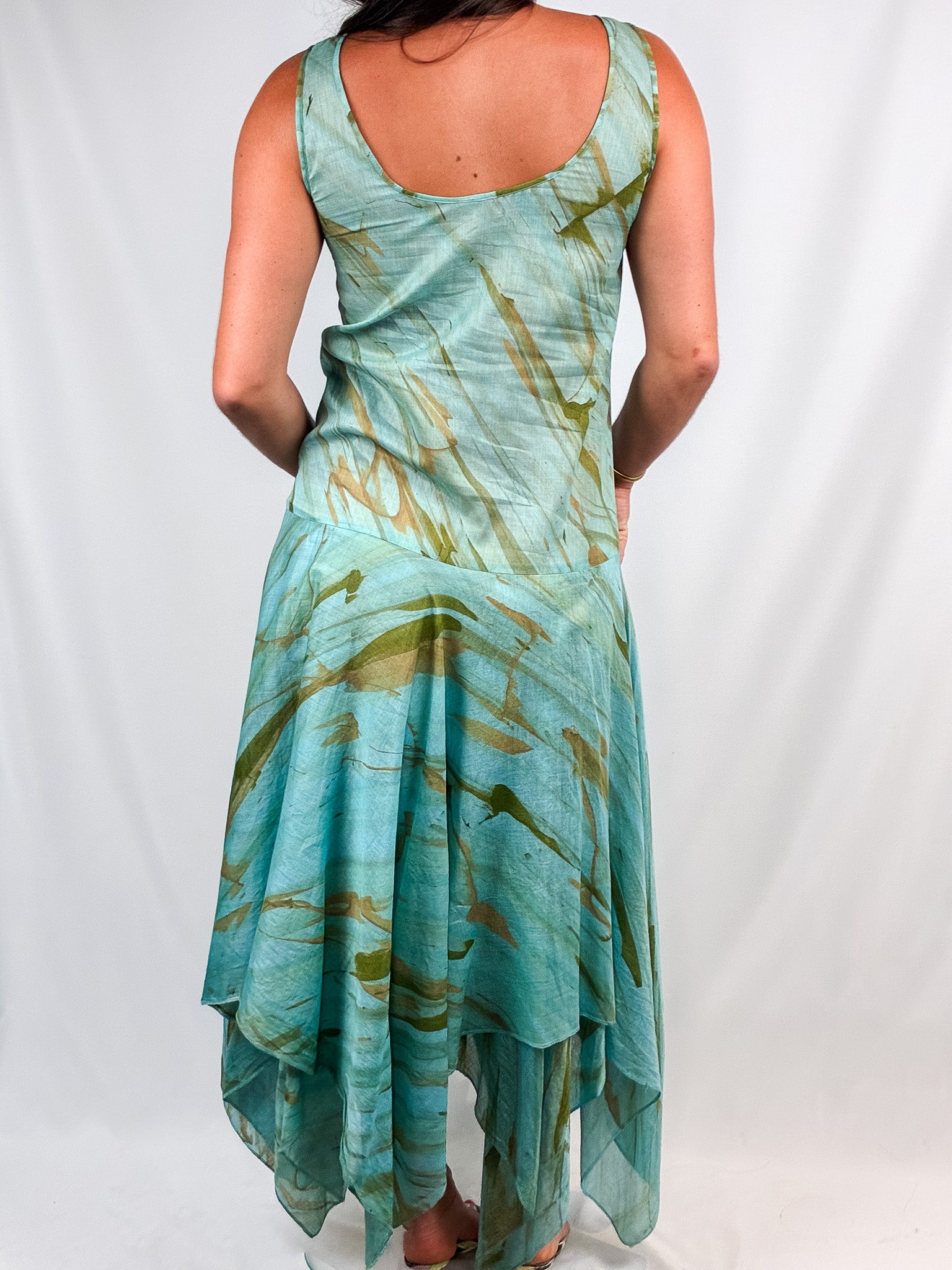 Livio De Simone 2000s Aqua Hand-Painted Drop-Waist Dress - L