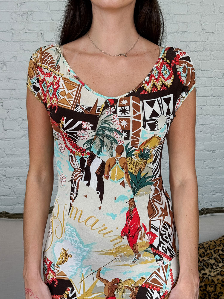 Blumarine 2000s Multicolor Africa Print Sleeveless Dress