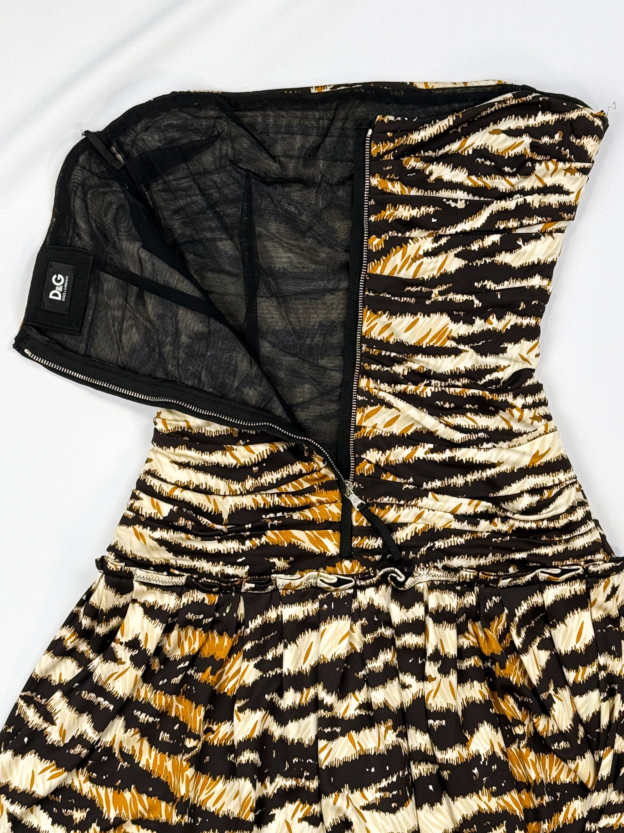 D&G Dolce & Gabbana 2000s Tiger Print Ruched Strapless Mini Dress - S