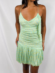 Diane von Furstenberg 2000s Aqua & Yellow Print Ruched Silk Mini Dress - XS/S