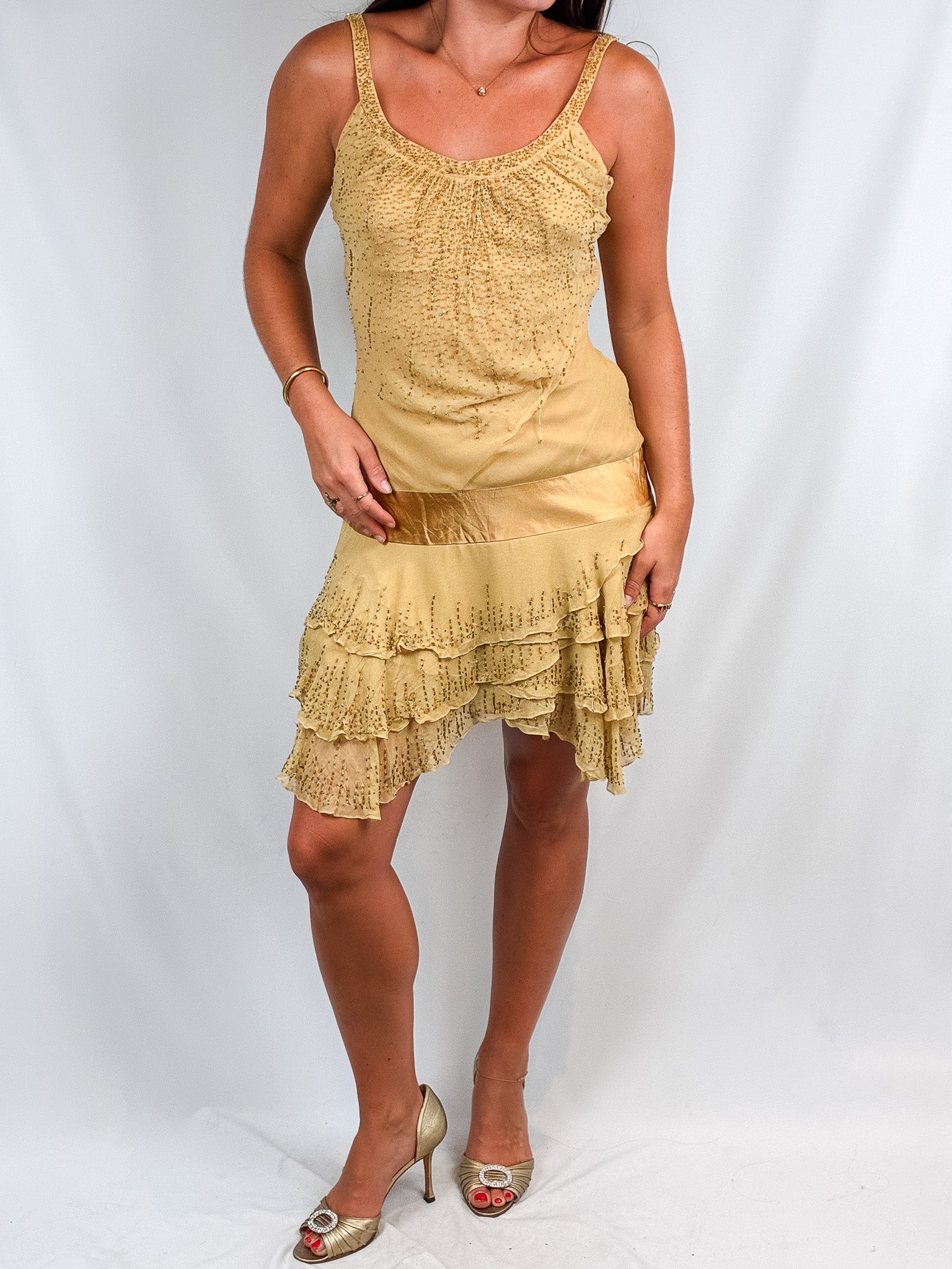 2000s Gold Beaded Tiered Cocktail Dress - XS/S