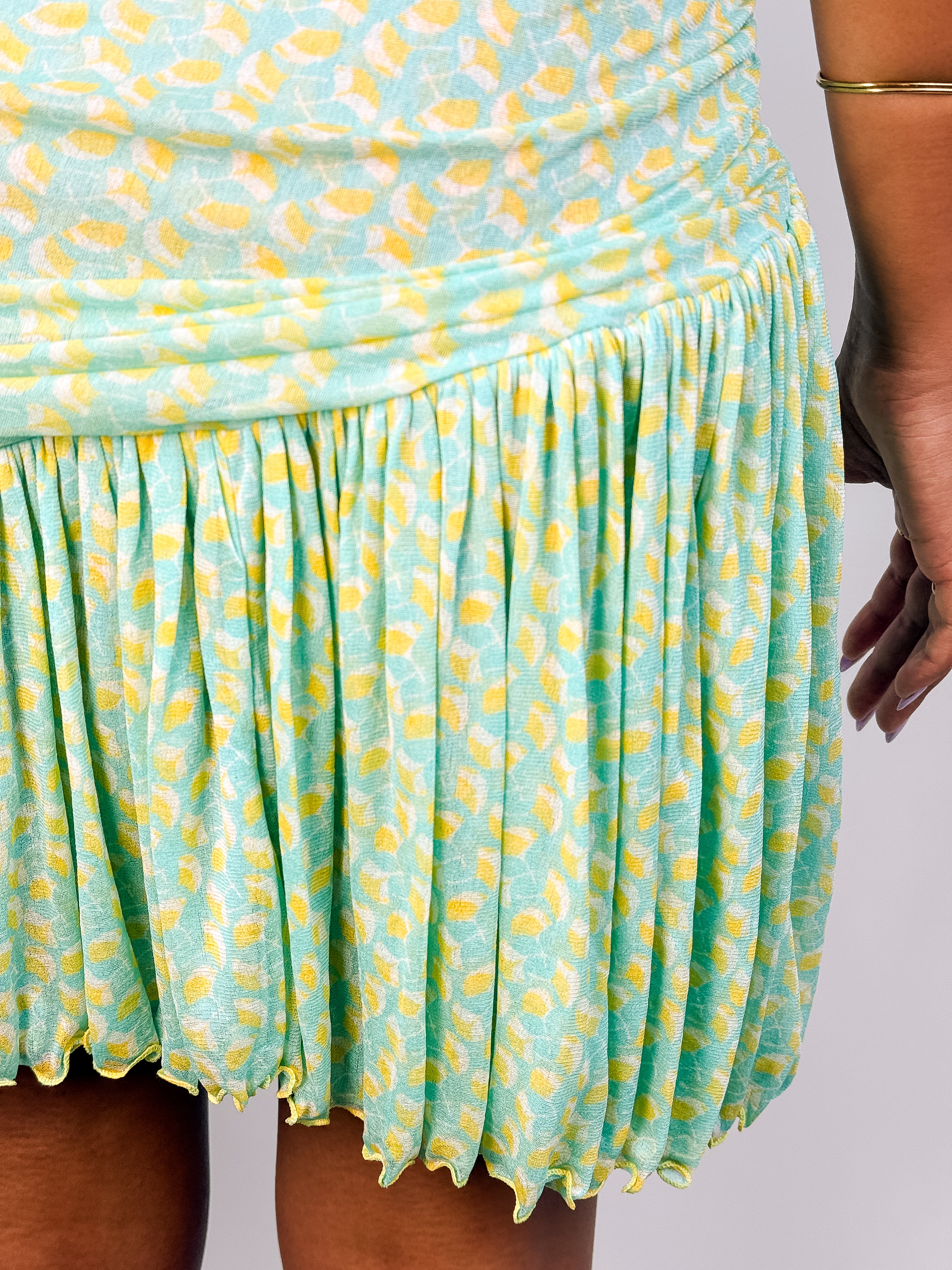 Diane von Furstenberg 2000s Aqua & Yellow Print Ruched Silk Mini Dress - XS/S
