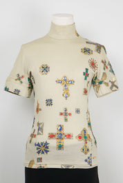 Roberto Cavalli 2000s Jeweled Cross Print Mock Neck Top – S