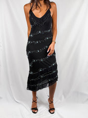 iXE 2000s Black Silk Crystal & Aqua Beaded Asymmetric Midi Dress - XS/S