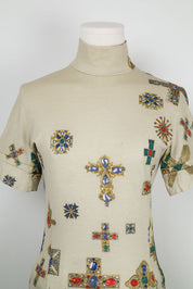 Roberto Cavalli 2000s Jeweled Cross Print Mock Neck Top – S