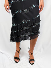 iXE 2000s Black Silk Crystal & Aqua Beaded Asymmetric Midi Dress - XS/S