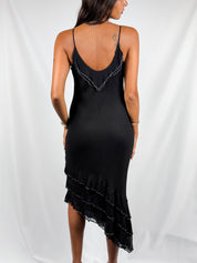 iXE 2000s Black Silk Crystal & Aqua Beaded Asymmetric Midi Dress - XS/S