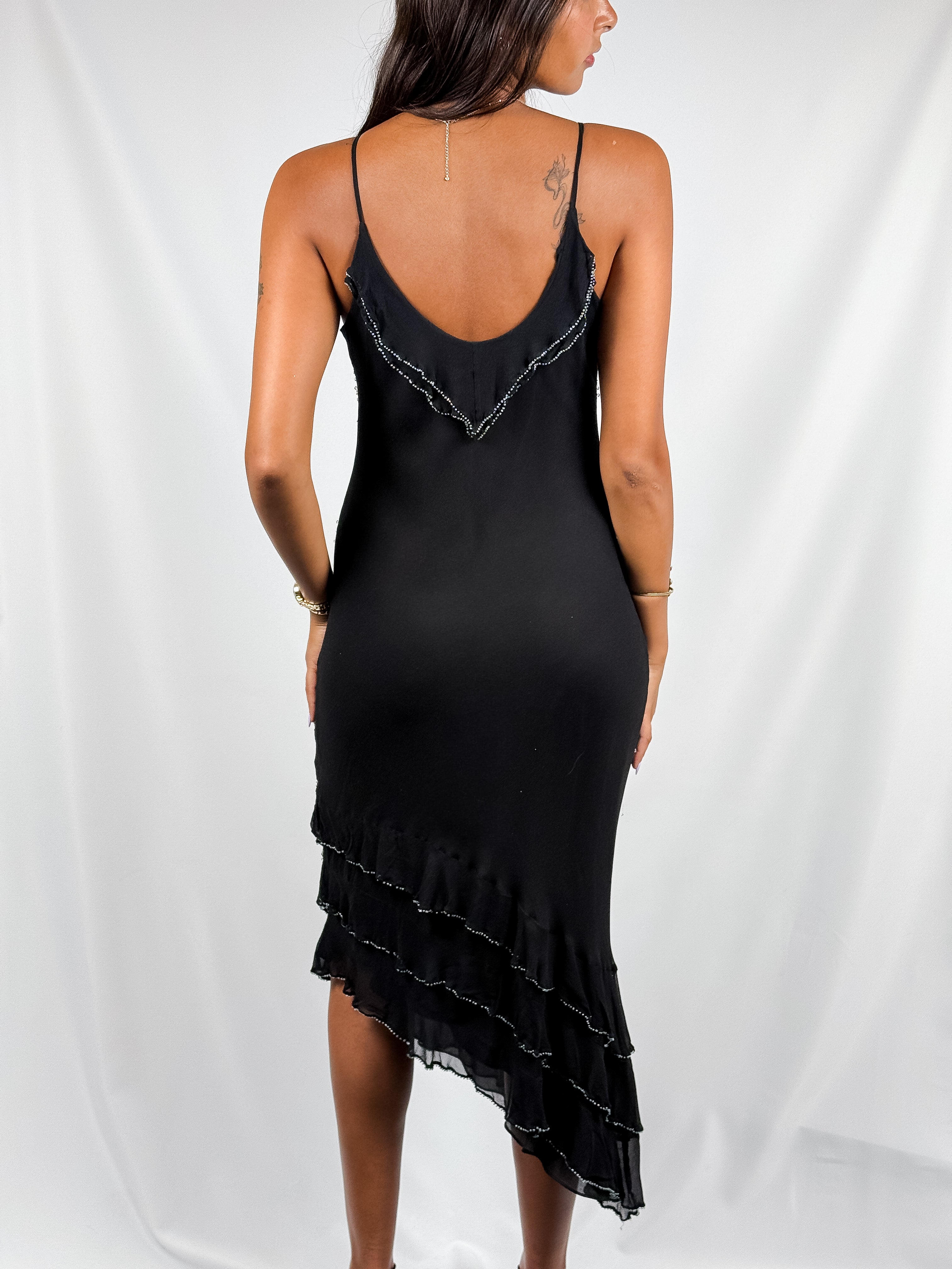iXE 2000s Black Silk Crystal & Aqua Beaded Asymmetric Midi Dress - XS/S