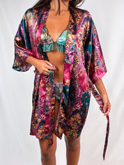 1990s Jewel Tone Floral Satin Wrap Robe - M