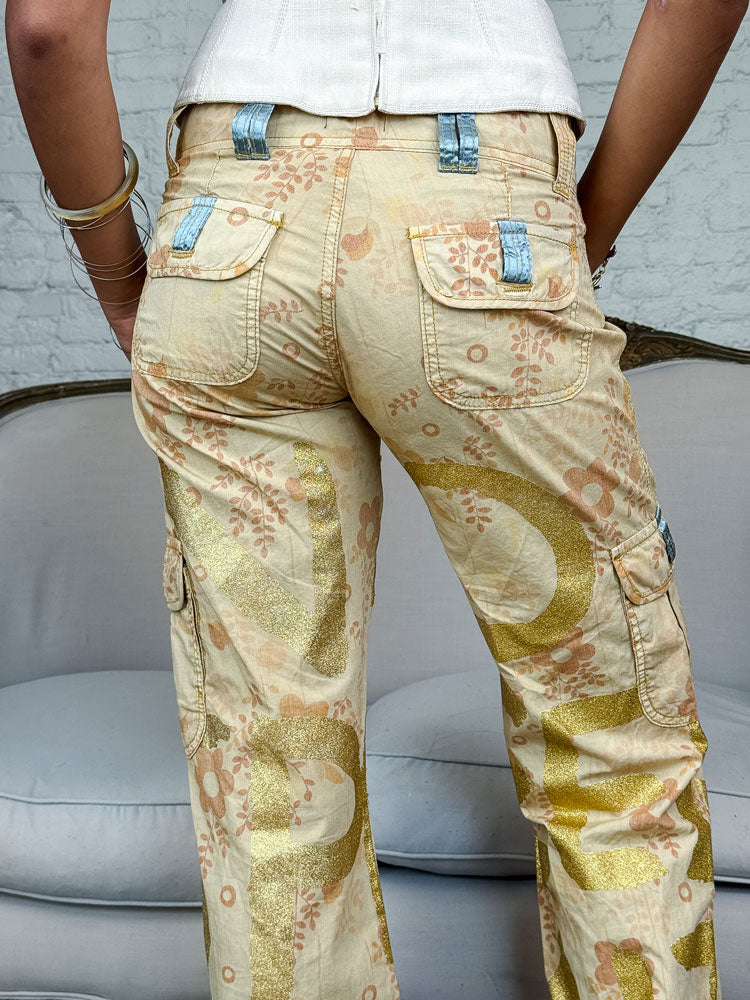 Custo Barcelona 2000s Gold Graphic Cargo Pants