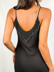 iXE 2000s Black Silk Crystal & Aqua Beaded Asymmetric Midi Dress - XS/S