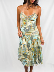 Derhy 2000s Mint Paisley Beaded Lace-Up Tiered Midi Dress - XS/S