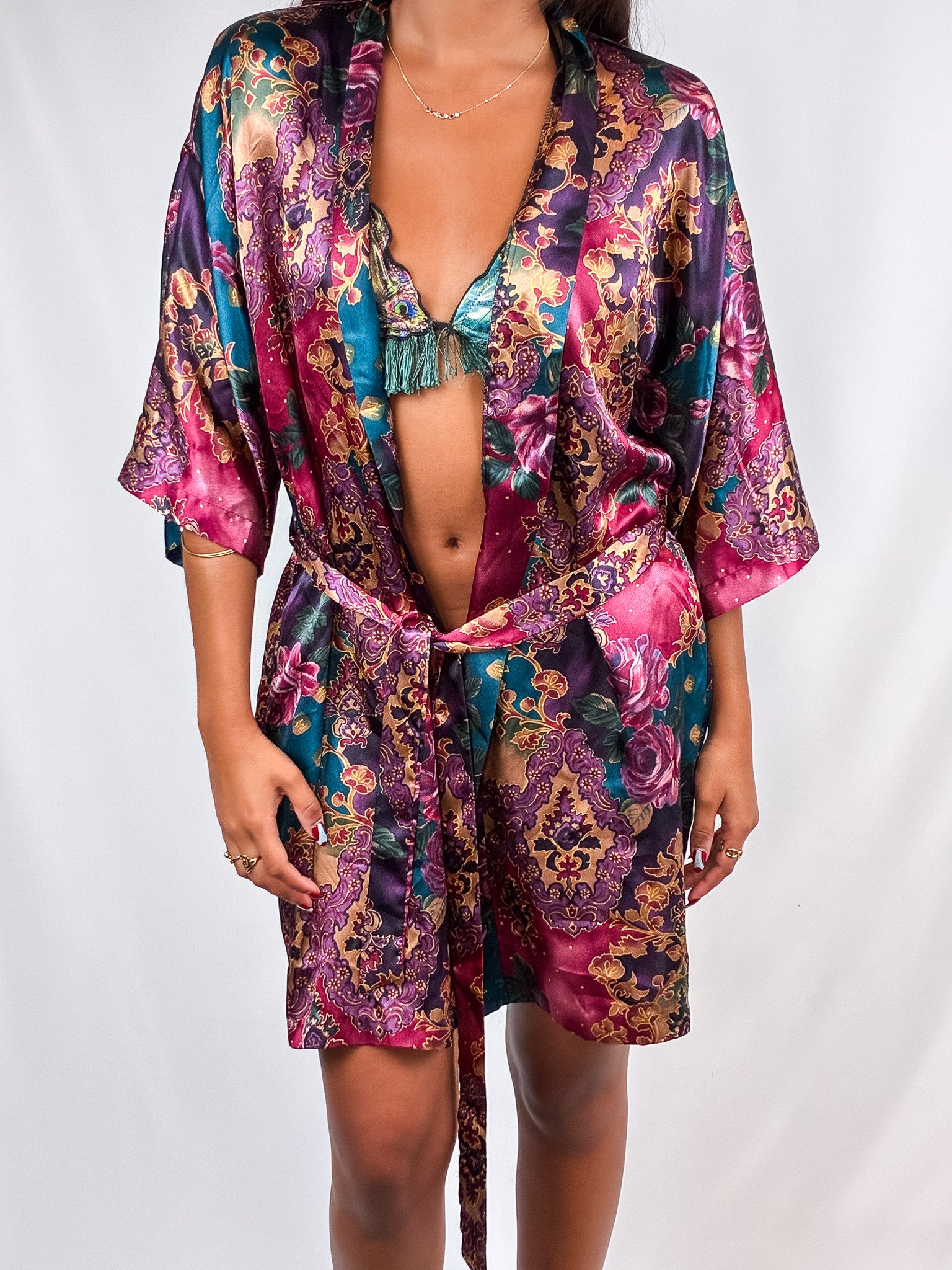 1990s Jewel Tone Floral Satin Wrap Robe - M