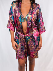 1990s Jewel Tone Floral Satin Wrap Robe - M