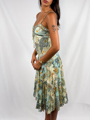 Derhy 2000s Mint Paisley Beaded Lace-Up Tiered Midi Dress - XS/S