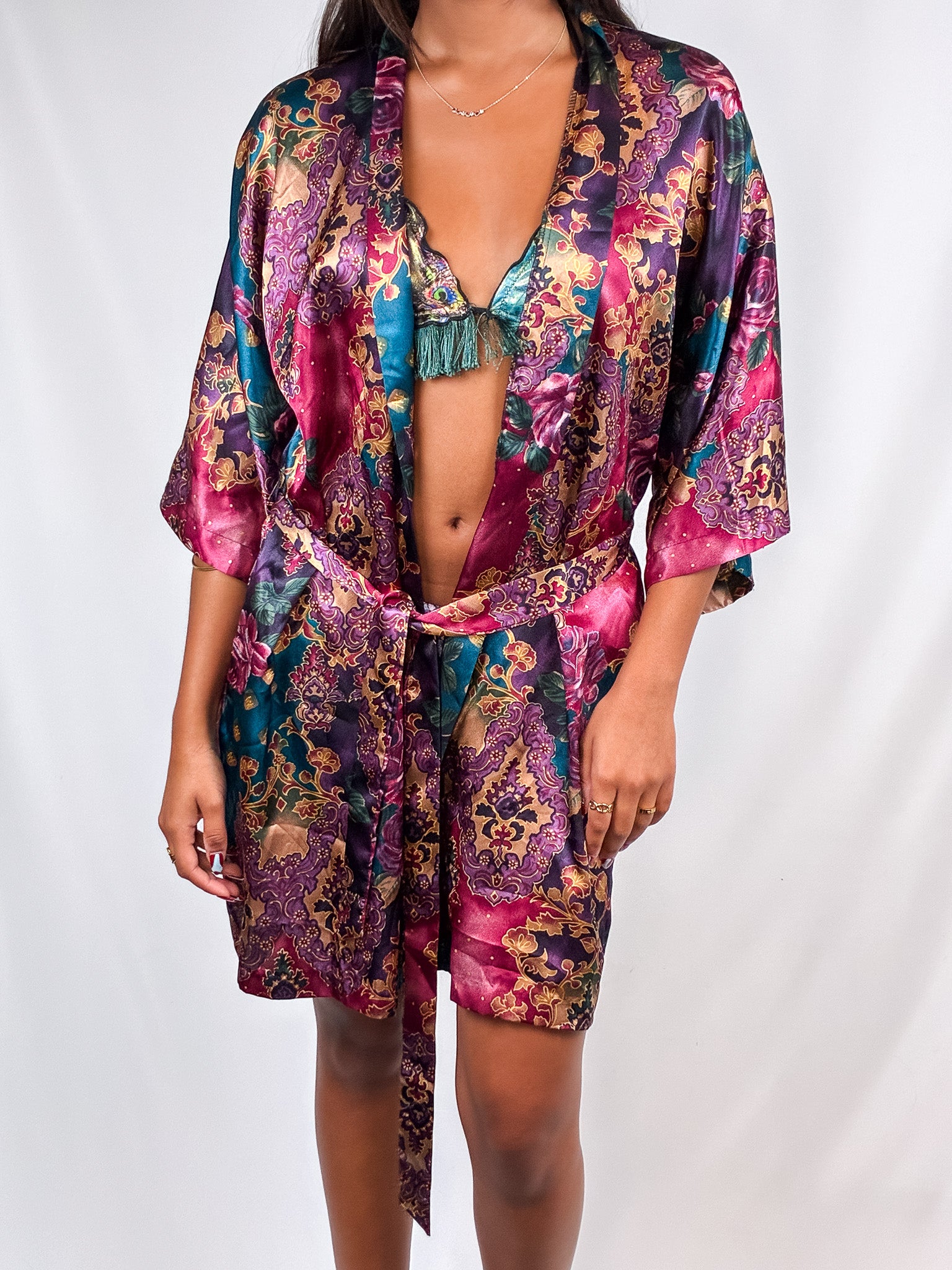 1990s Jewel Tone Floral Satin Wrap Robe - M