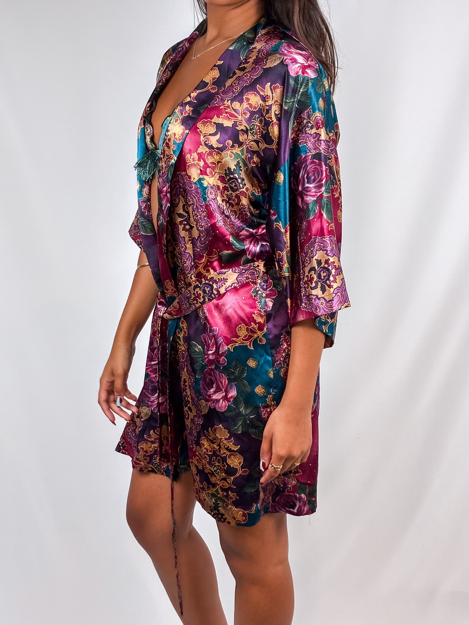1990s Jewel Tone Floral Satin Wrap Robe - M