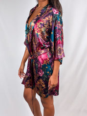 1990s Jewel Tone Floral Satin Wrap Robe - M