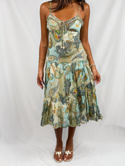 Derhy 2000s Mint Paisley Beaded Lace-Up Tiered Midi Dress - XS/S