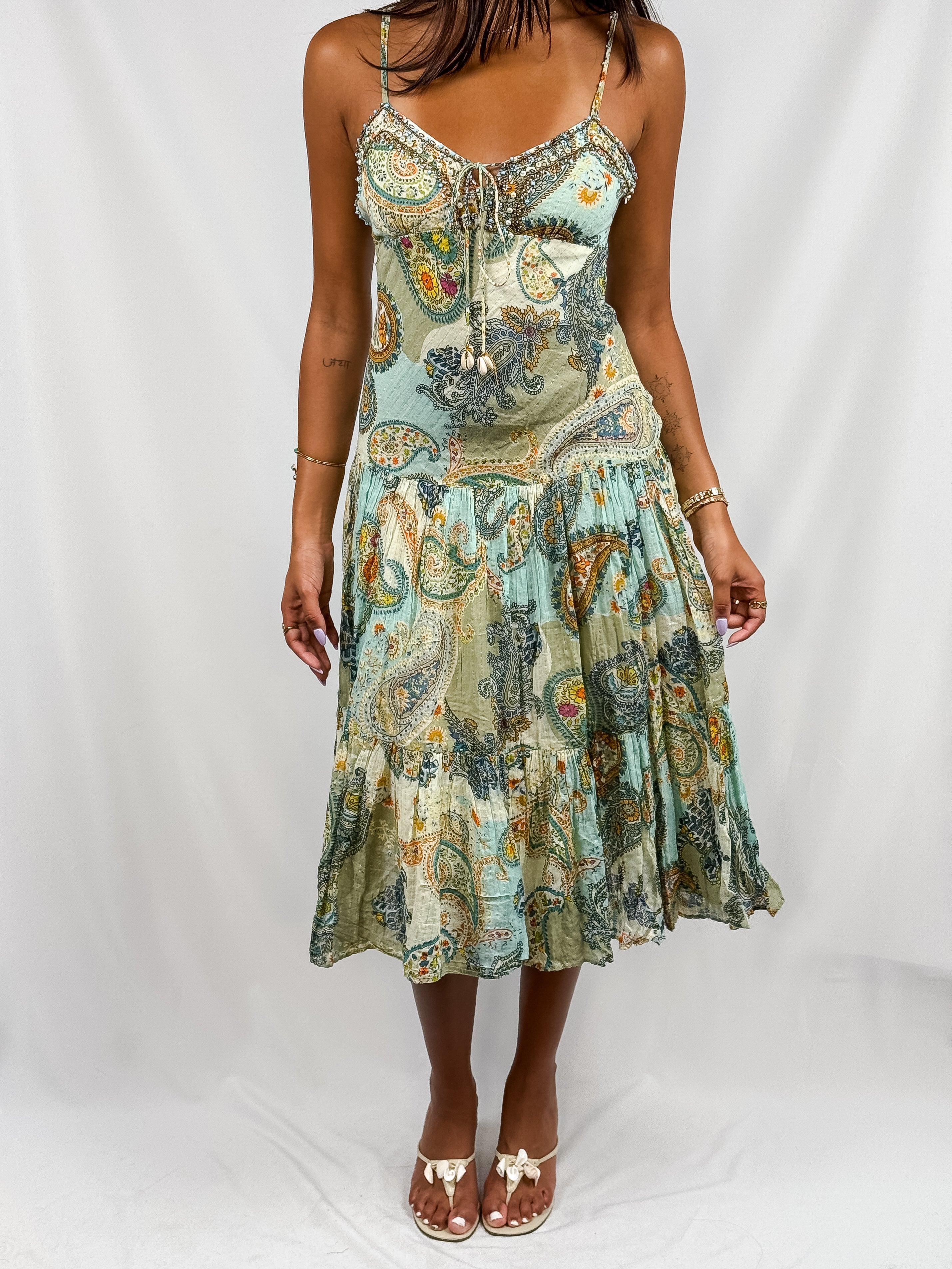 Derhy 2000s Mint Paisley Beaded Lace-Up Tiered Midi Dress - XS/S
