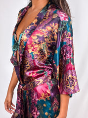 1990s Jewel Tone Floral Satin Wrap Robe - M