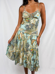 Derhy 2000s Mint Paisley Beaded Lace-Up Tiered Midi Dress - XS/S