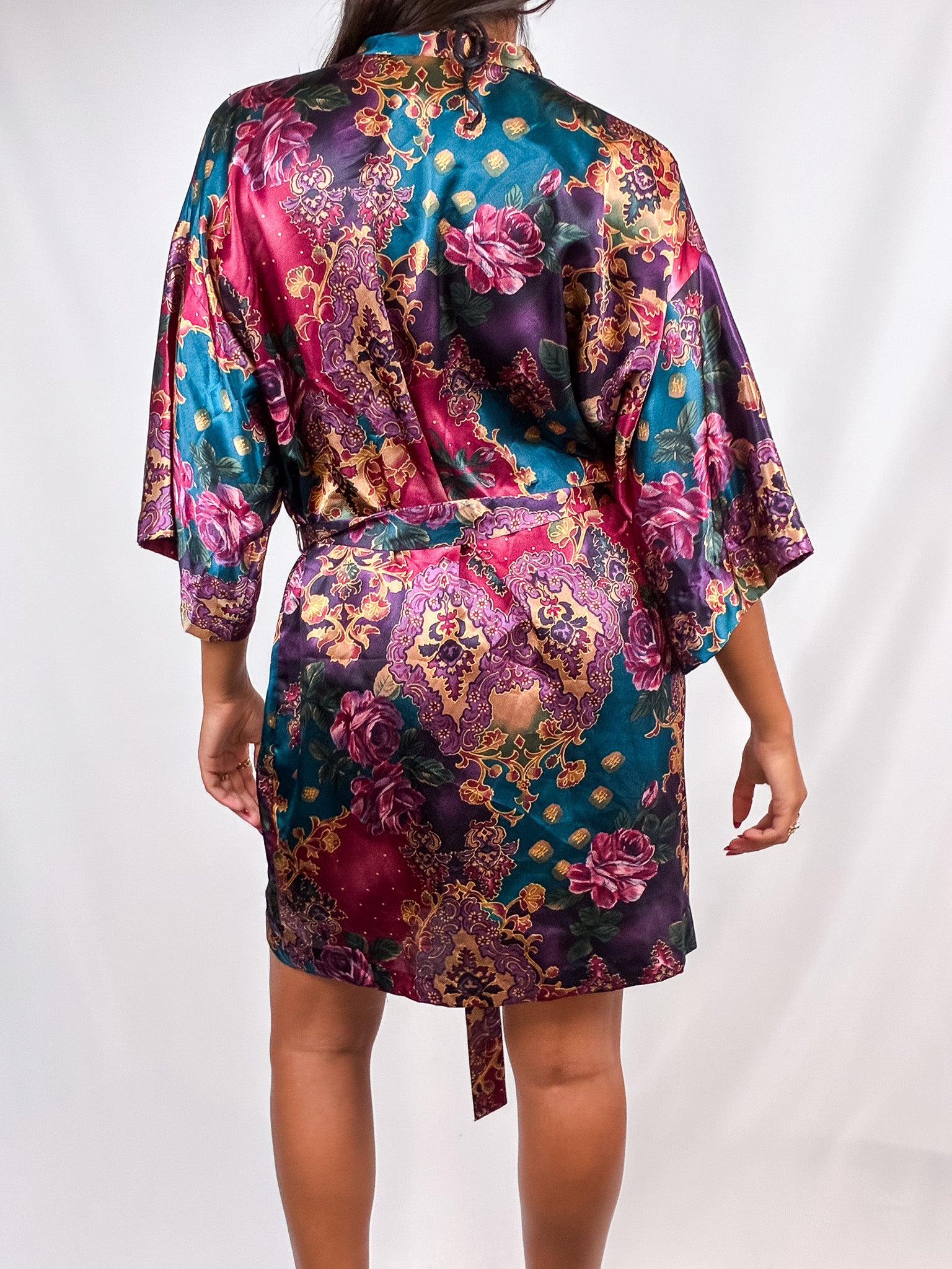 1990s Jewel Tone Floral Satin Wrap Robe - M