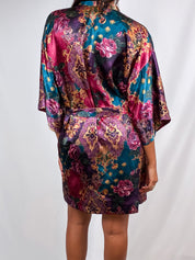 1990s Jewel Tone Floral Satin Wrap Robe - M