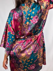 1990s Jewel Tone Floral Satin Wrap Robe - M
