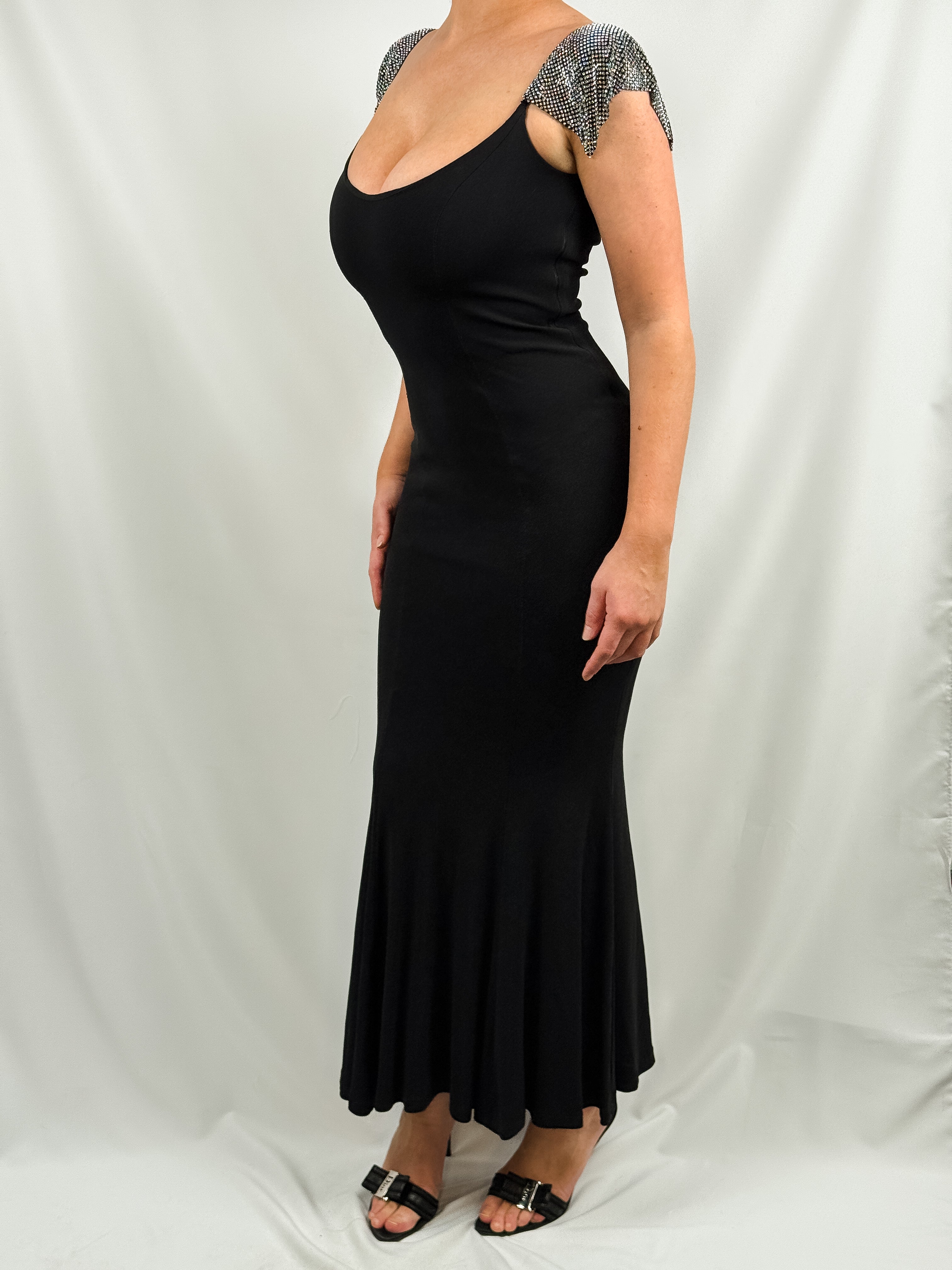 Jiki Monte-Carlo Créations 2000s Black Crystal Cap Sleeve Column Gown - S