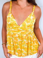 Diane von Furstenberg 2000s Yellow Floral Silk Babydoll Cami - M/L