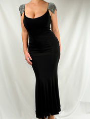 Jiki Monte-Carlo Créations 2000s Black Crystal Cap Sleeve Column Gown - S