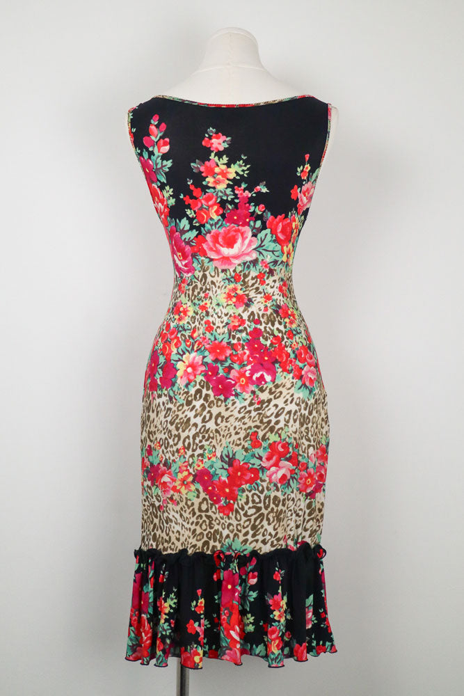 Blumarine 2000s Floral Leopard Print Ruffle Hem Dress – M-XL