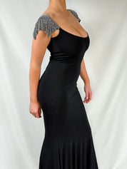 Jiki Monte-Carlo Créations 2000s Black Crystal Cap Sleeve Column Gown - S