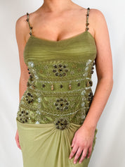Sherry Haute Couture 2000s Sage Green Silk Beaded Maxi Gown - L/XL