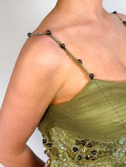 Sherry Haute Couture 2000s Sage Green Silk Beaded Maxi Gown - L/XL