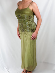 Sherry Haute Couture 2000s Sage Green Silk Beaded Maxi Gown - L/XL