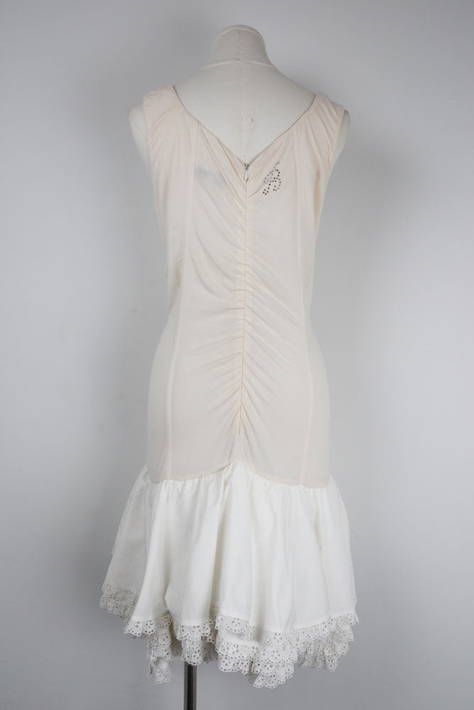 Blumarine Folies 2000s Cream Ruched Bodysuit Eyelet Ruffle Mini Dress – M/L