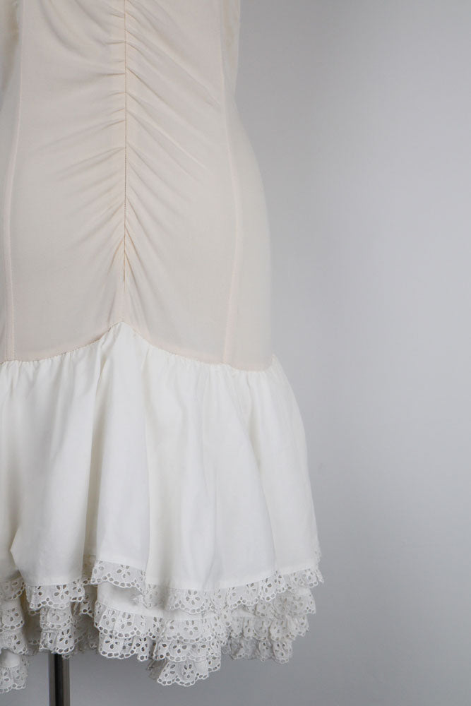 Blumarine Folies 2000s Cream Ruched Bodysuit Eyelet Ruffle Mini Dress – M/L