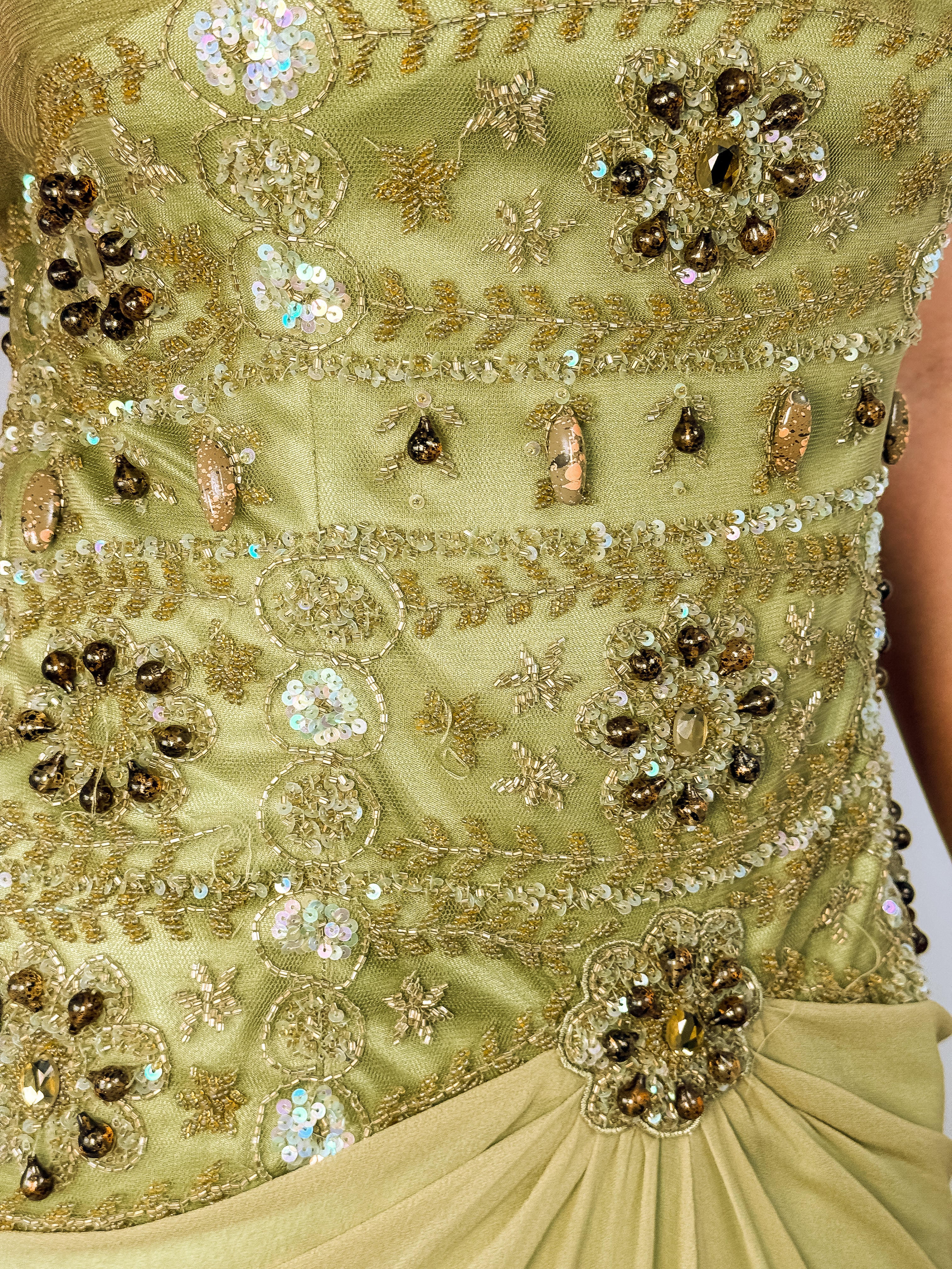 Sherry Haute Couture 2000s Sage Green Silk Beaded Maxi Gown - L/XL