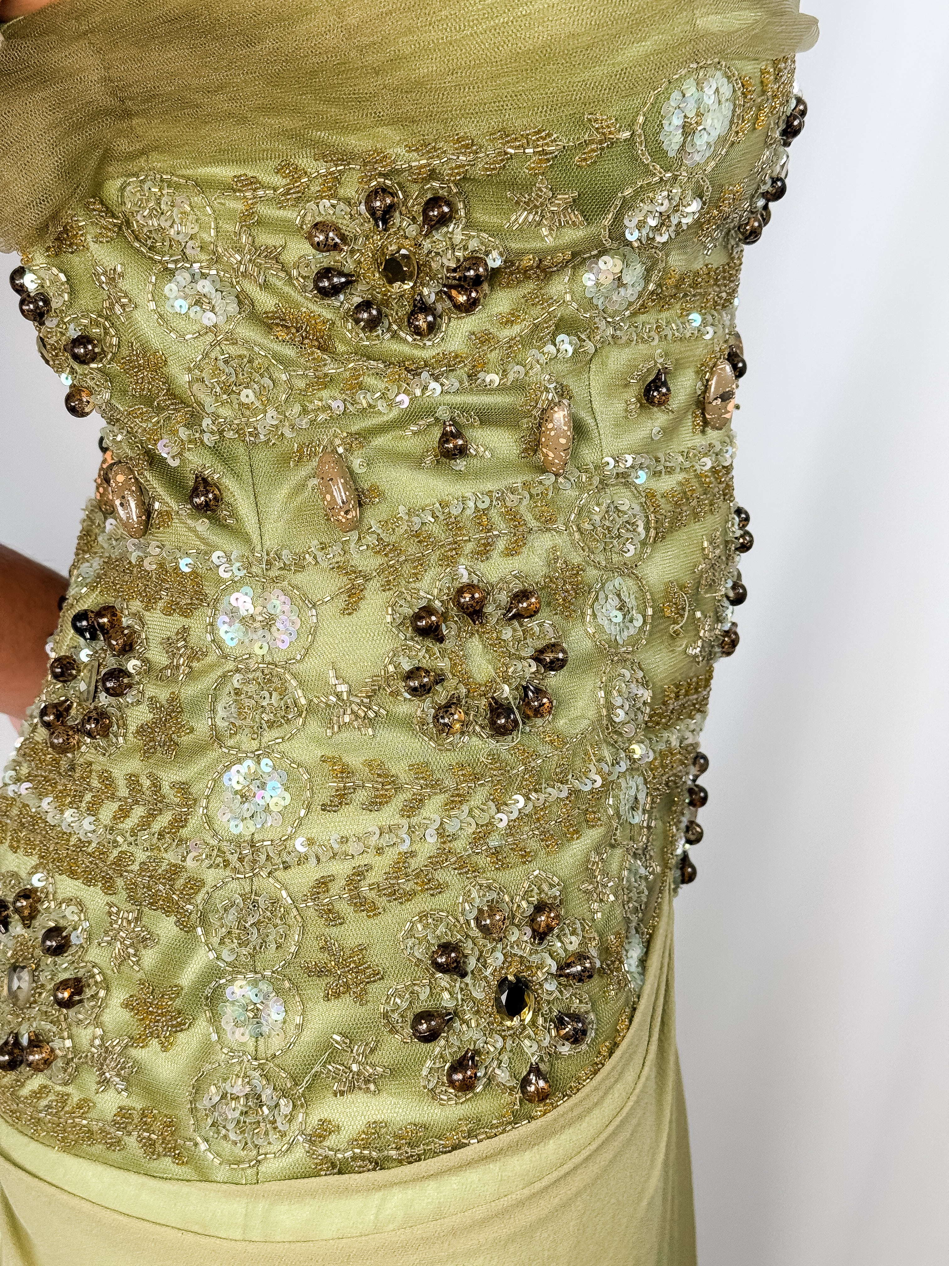 Sherry Haute Couture 2000s Sage Green Silk Beaded Maxi Gown - L/XL